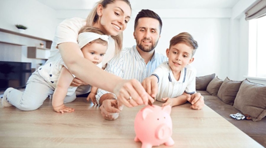 family with piggy bank